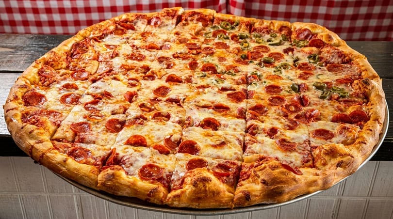 Large pepperoni and jalapeño pizza on a metal tray, with a red and white checkered background.