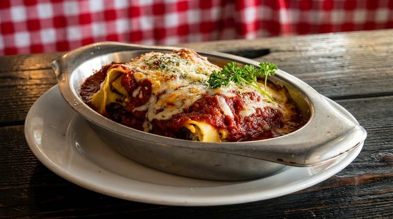 Baked lasagna with melted cheese, red sauce, and parsley in a metal dish on a wooden table.